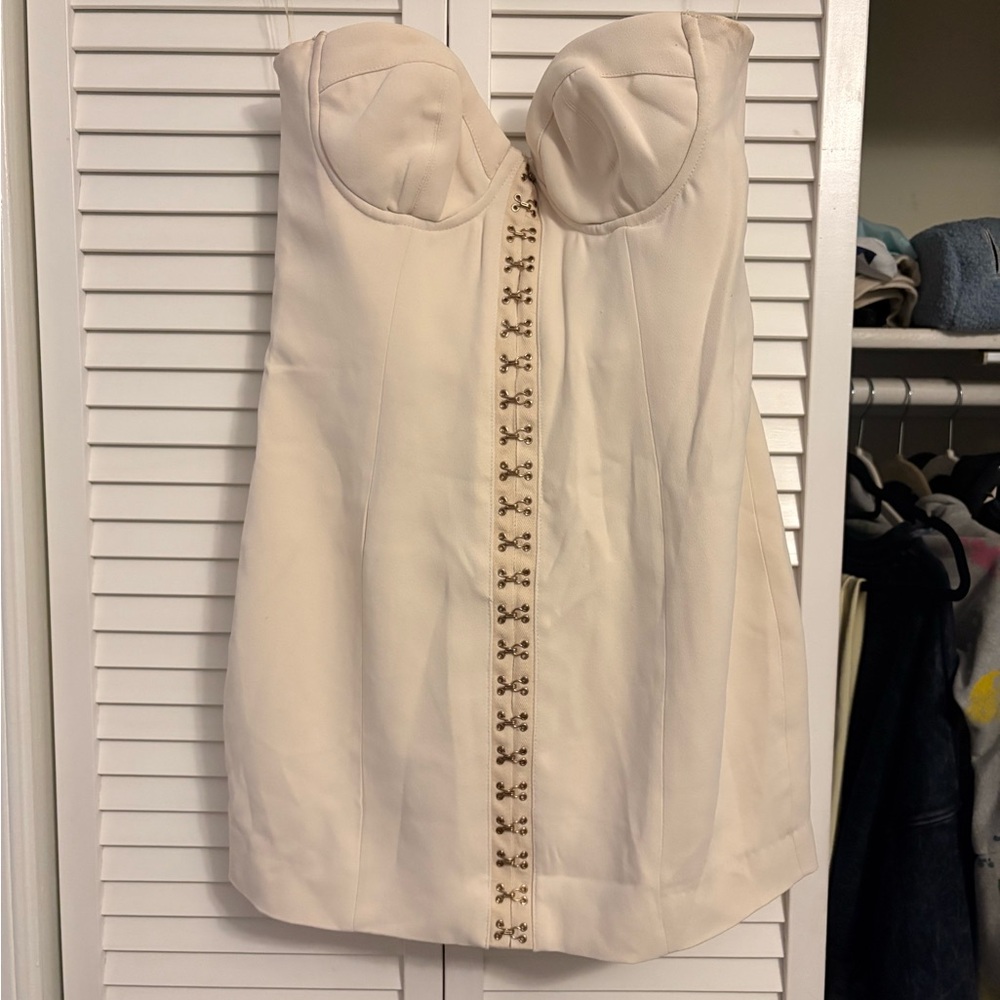 House of CB Cream Strapless Bustier Dress with Front Hook Closure